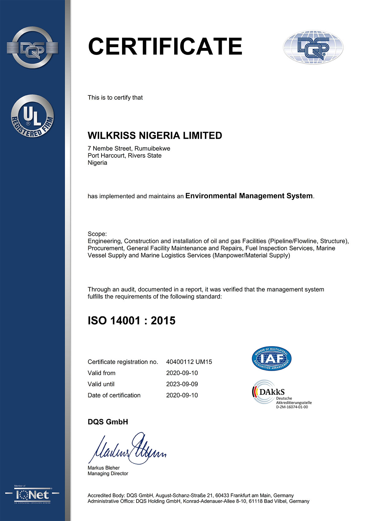 ISO 14001 certificate